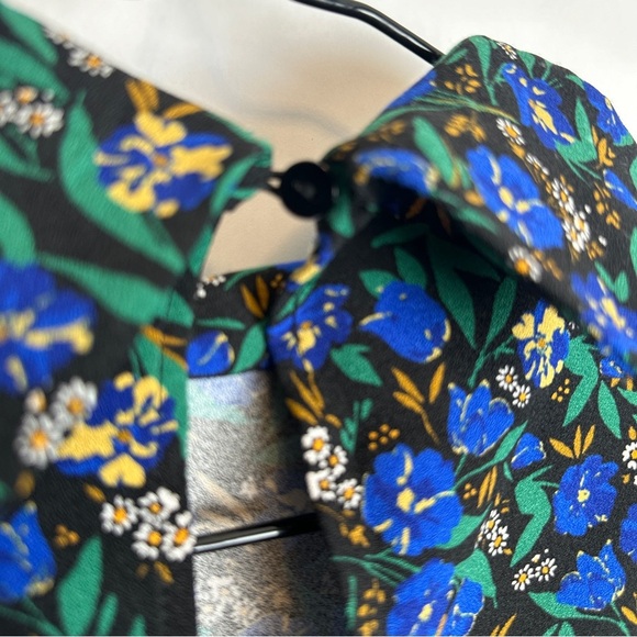 Zara Blue Multicolor Floral Long Ruched Sleeve Mock Neck Blouse | Size XS - Picture 6 of 13